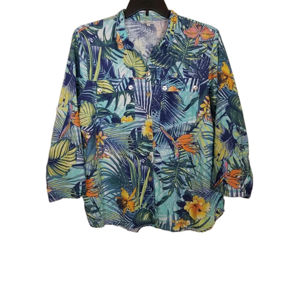 Tropical Print Relaxed Button-Up Blouse - Blue/Green